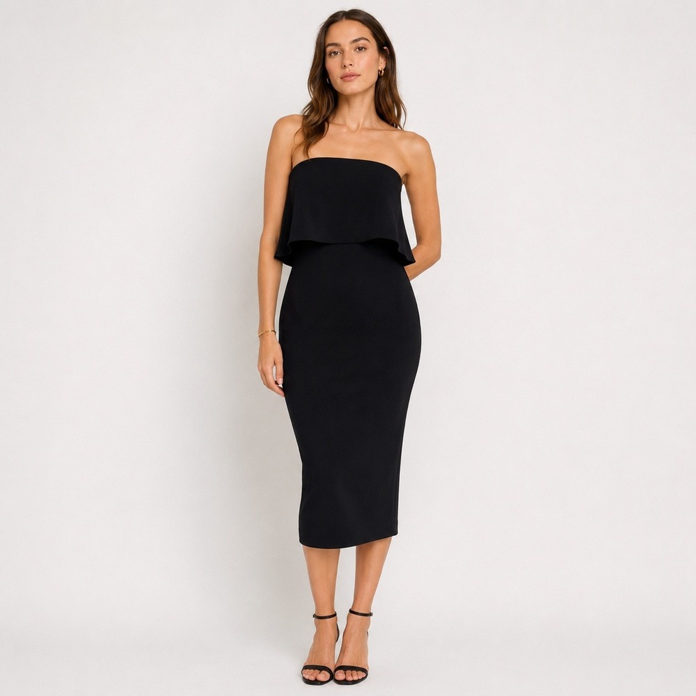 Likely Driggs Strapless Dress Womens 2 Black Ruffled Popover Cocktail Midi LBD